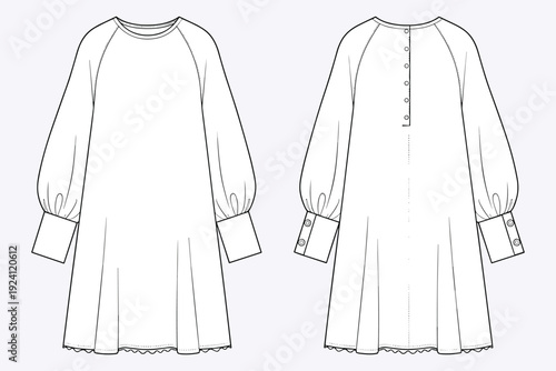 Front and Back Fashion Flat Sketch of a Long Sleeve Dress with Raglan Sleeves and Button Detail Keywords: dress, long sleeve