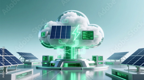 Wallpaper Mural Futuristic conceptual illustration of enterprise cloud computing platform integrating solar panels for Digital Sustainability Transformation powering infrastructure for greener efficient future Torontodigital.ca
