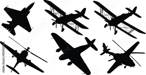 Aircraft and helicopter silhouette set, featuring vintage biplanes, modern fighter jets, and transport helicopters in flight view.