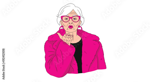 An elderly woman with white hair, pink glasses, and a pink coat blows a kiss.