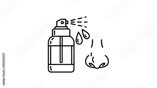 Medical line icon of a nasal spray bottle being used near a human nose for allergy relief and healthcare information illustrations.