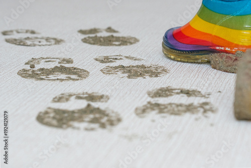 Принти на полотні Trail of muddy footprints of colored boots on the carpet