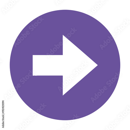Bold white right arrow symbol pointing forward within a solid vibrant purple circular background representing direction progress and next steps in a clean modern graphic design
