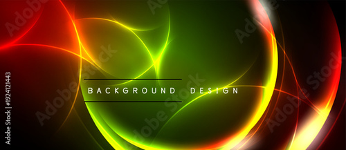 Bright abstract design features vibrant curves, glowing lines. Green dominates center, red accents sides. Modern, dynamic visual.