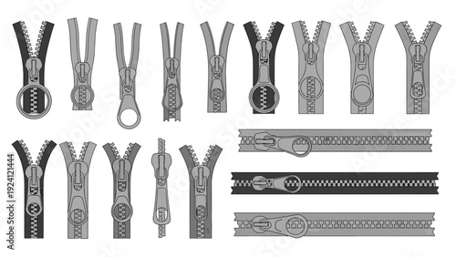 Variety of metal and plastic zippers showing different sliders and teeth arrangements for clothing and accessory design.