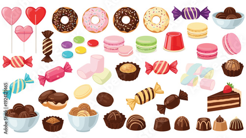 Assorted collection of colorful desserts featuring donuts, cupcakes, chocolates, candies, and a slice of chocolate cake.