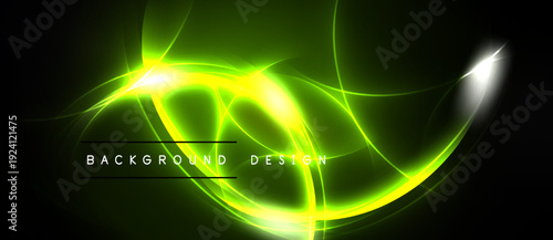 Bright green neon lines swirl, creating abstract background design. Dark backdrop emphasizes luminous curves, glows. Text reads background design.