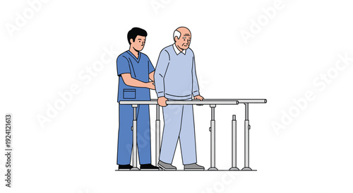 A male healthcare worker in blue scrubs assists an elderly man with white hair walking between silver parallel bars.