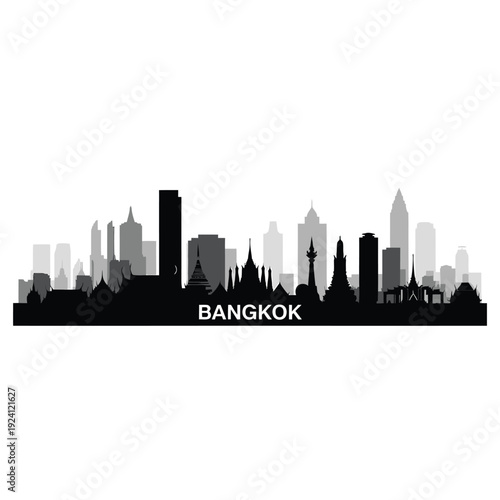 Bangkok skyline silhouette against a plain white background is displayed