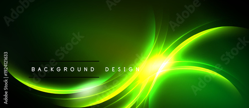 Bright green waves radiate from center. Dark background creates dramatic contrast. Text reads background design. Modern, dynamic visual.