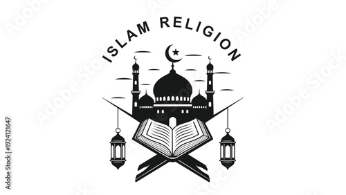 Islamic religious emblem featuring a mosque silhouette, an open book, lanterns, and stylized Arabic crescent moon.