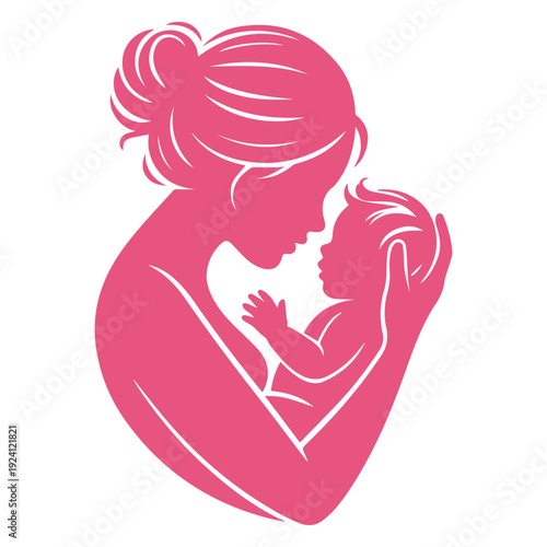 Mother Cradling Newborn Baby Silhouette Minimalist Vector Illustration for Parenting