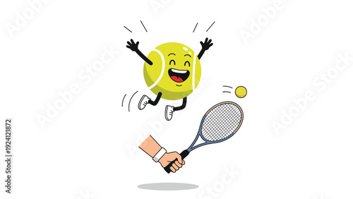 Energetic cartoon tennis ball character jumping for joy while a hand holds a racket to hit a smaller yellow ball.