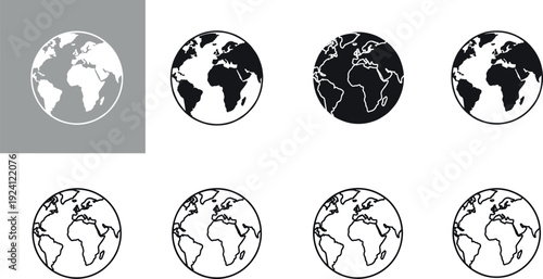 Set of stylized globe icons showing Earth from different perspectives in filled and outline vector styles.