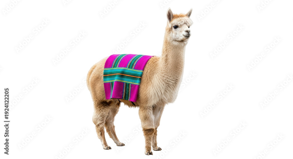 Obraz premium Isolated llama with colorful blanket on its back posing on a bright day in natural light
