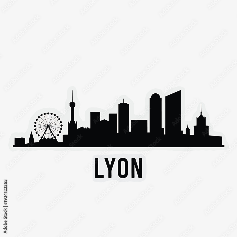 Fototapeta premium Black silhouette of lyon skyline with the city name below it