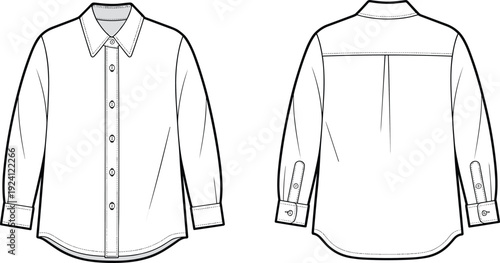 Front and Back View of a White Long Sleeve Button Up Shirt with Collar and Cuffs clothing apparel