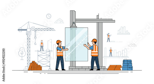Two male construction workers in orange vests install a large glass panel on a busy construction site with crane and scaffolding.