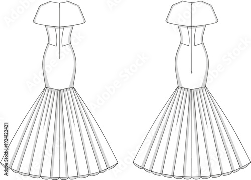 Front and back view of a white mermaid wedding dress with capelet Keywords: wedding dress, bridal gown, white dress, formal wear