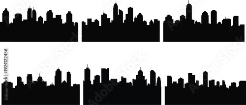 Business and office equipment silhouette set, featuring computer, briefcase, documents, telephone and folder icons.