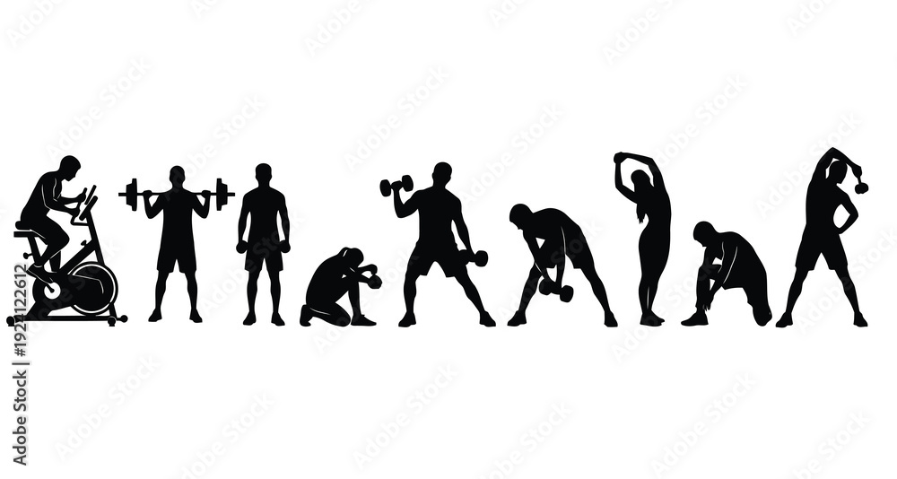 Obraz premium A group of people exercising in various fitness poses in silhouette