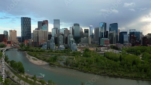 Wallpaper Mural Calgary drone aerial view of skyline with modern skyscrapers lining the Bow River in Alberta, Canada Torontodigital.ca
