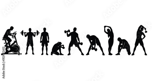 A group of people exercising in various fitness poses in silhouette