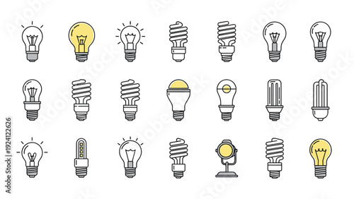 Diverse collection of light bulb types including incandescent, LED, and fluorescent bulbs illustrates energy and innovation.
