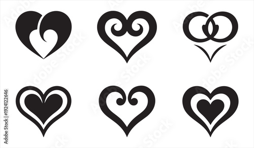 Romantic Heart Icon Collection in Minimal Black Vector Style