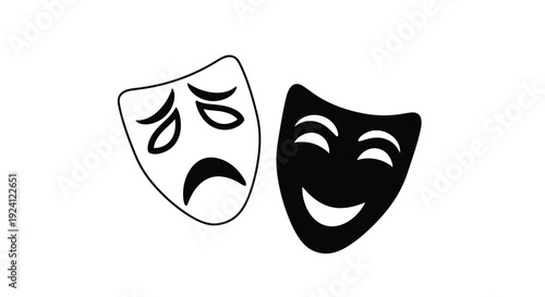 Two contrasting theatrical masks, one a black outline of tragedy and the other a solid black form of comedy, are prominently displayed on a clean white background.