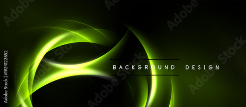 Dark background features vibrant green curves. Modern design elements create dynamic visual effect. Text reads background design.