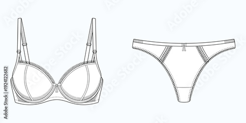 Front view sketch of a bra and front view sketch of a thong panty lingerie underwear