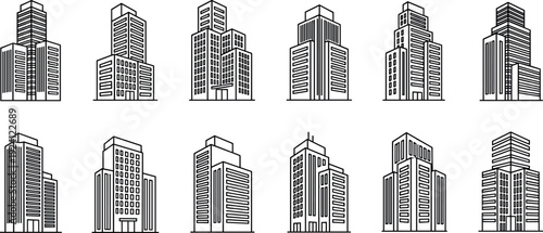 Set of modern line style skyscraper and city building silhouettes for urban architecture and real estate design
