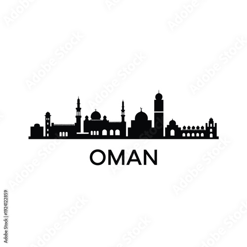 Oman cityscape silhouette with prominent architectural landmarks and text