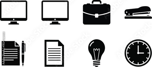 Business and office productivity icon set, featuring black vector silhouettes of computer monitors, briefcase, documents, light bulb, and clock isolated on white.