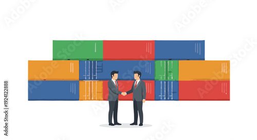 Two professional businessmen in dark suits are shaking hands in a firm agreement, standing centrally in front of a colorful, stacked arrangement of ten shipping containers.