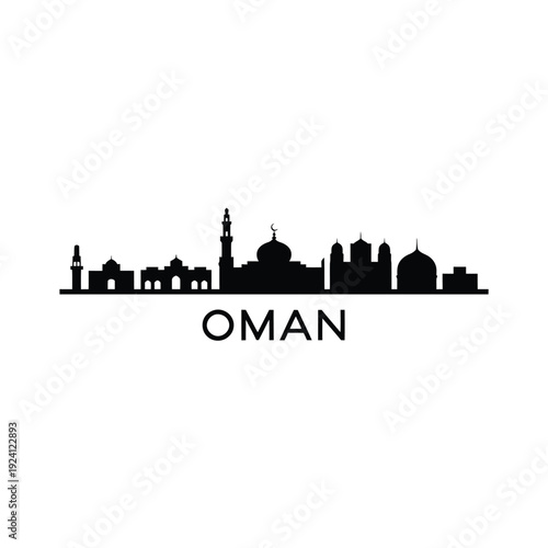 Oman skyline silhouette with prominent buildings and the country s name