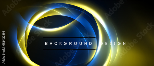 Abstract design features glowing yellow, blue lines. Dark background creates dramatic visual effect. Text reads background design.