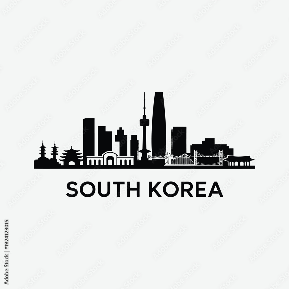 Fototapeta premium Silhouette of a south korean cityscape with text labeling the country