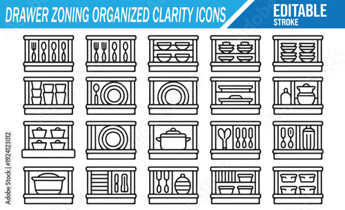 Vector line art kitchen tidying and organization symbols.