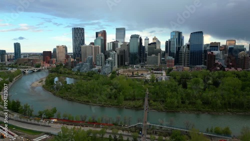 Wallpaper Mural Calgary drone aerial view of skyline with modern skyscrapers lining the Bow River in Alberta, Canada Torontodigital.ca