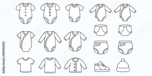 Line Art Illustrations of Baby Clothes and Accessories on White Background clothing apparel