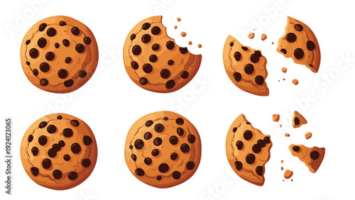 Step-by-step breakdown of chocolate chip cookies being consumed until only crumbs and small fragments remain on white.