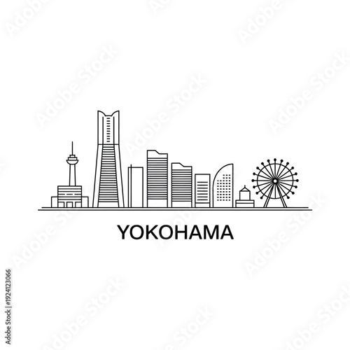 Yokohama skyline illustration featuring landmarks and a ferris wheel