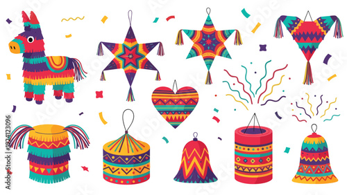 Vibrant collection of traditional Mexican pinatas in various shapes like donkey, stars, and hearts for festive parties.