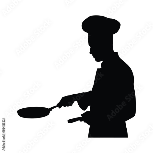 Silhouette of a chef cooking with a frying pan and spatula