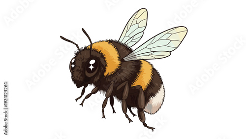 Detailed bumblebee illustration captures the fuzzy texture and characteristic yellow and black stripes of the pollinator.
