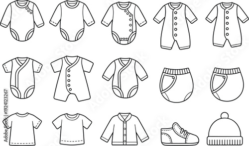 Outline Drawings of Various Baby Clothes and Accessories clothing apparel