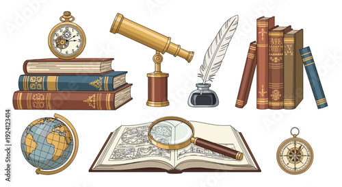 A detailed illustration showcases a variety of vintage exploration and study tools arranged neatly on a white background.