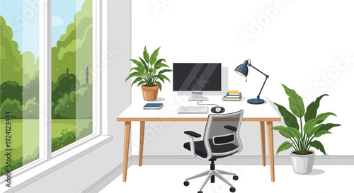 A contemporary home office setup with a computer and plants is situated beside a large window overlooking lush greenery.